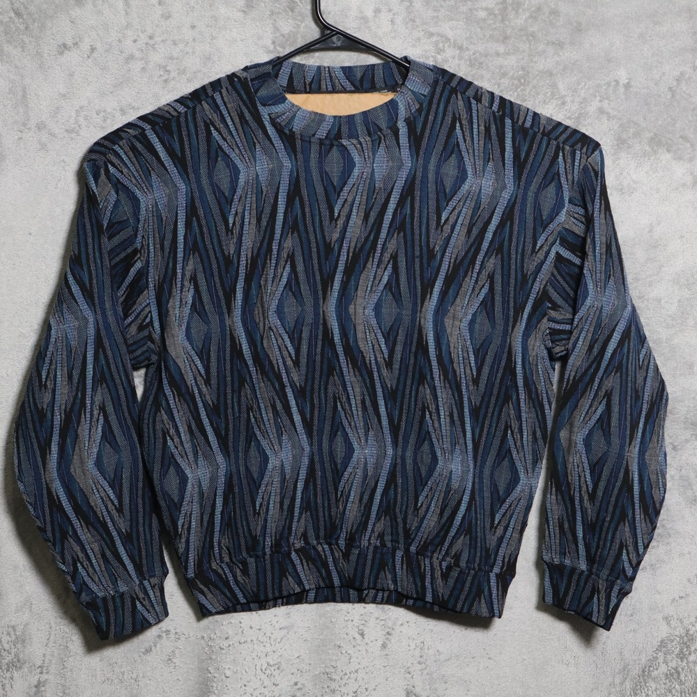 Vintage Jhane Barnes Sweater Mens Medium Blue Black Gray Geometric Wool Blend